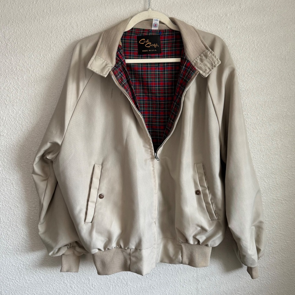 VTG Cal Craft Harrington‎ Jacket XL Tan Beige Plaid Lined Made In USA Bomber